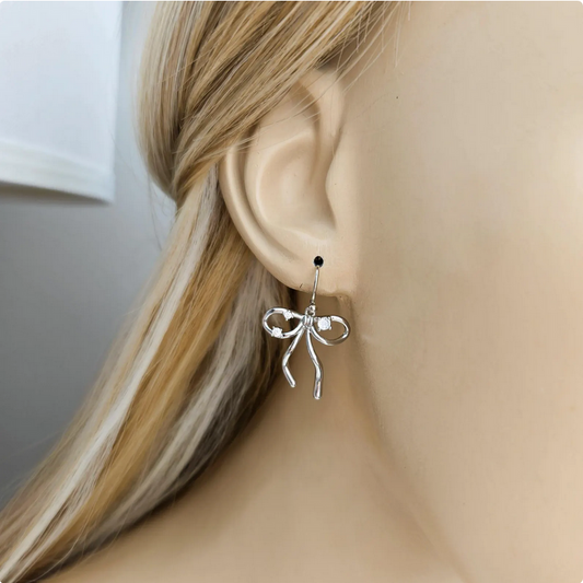 Silver Bow Tie Ribbon Dangle Drop Earrings
