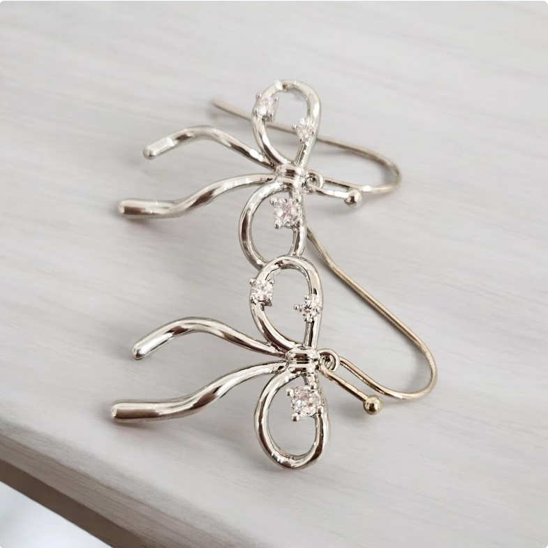 Silver Bow Tie Ribbon Dangle Drop Earrings