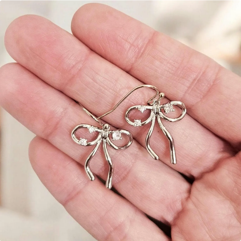 Silver Bow Tie Ribbon Dangle Drop Earrings