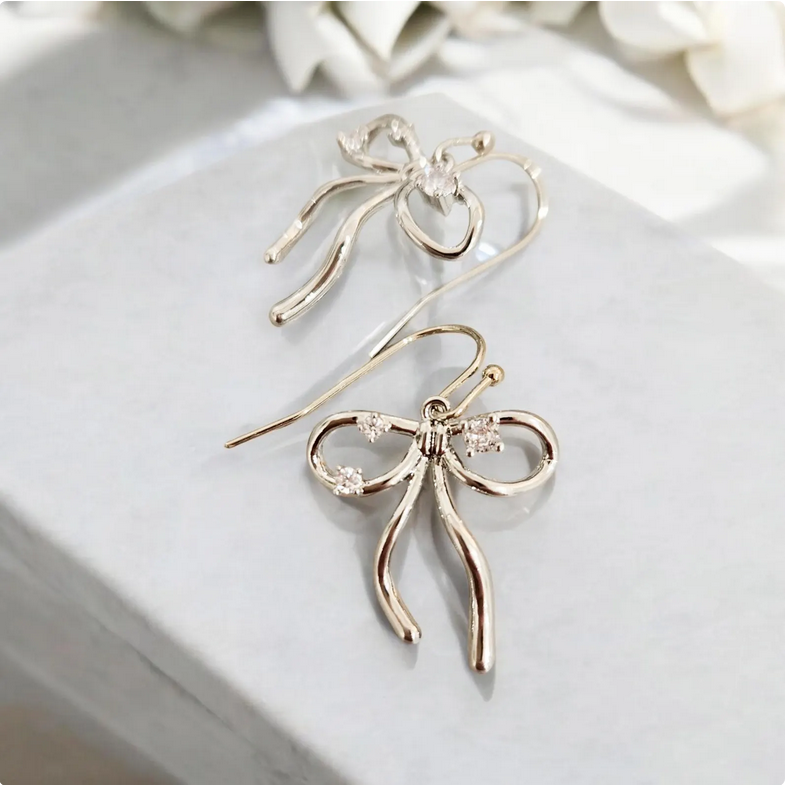 Silver Bow Tie Ribbon Dangle Drop Earrings