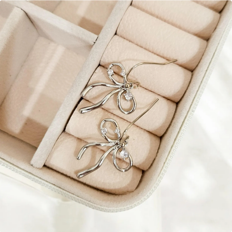 Silver Bow Tie Ribbon Dangle Drop Earrings
