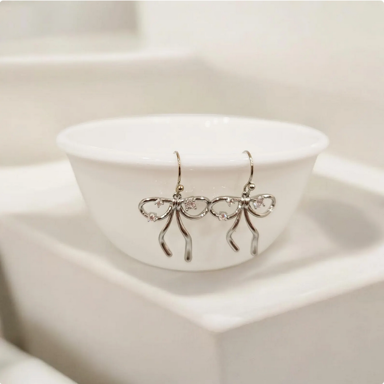 Silver Bow Tie Ribbon Dangle Drop Earrings