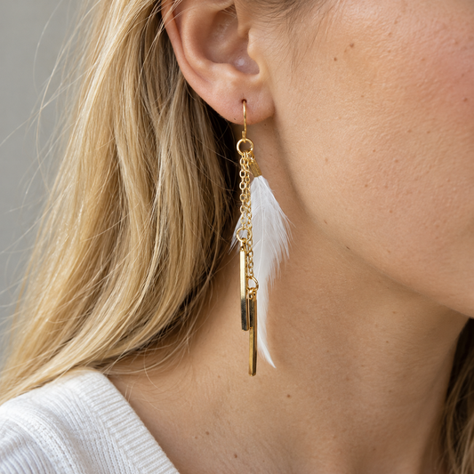 Long gold-tone dangle earring with delicate white feathers, cascading chains, and gold bar charms worn by a blonde woman.