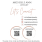 A digital business card for Michelle Ann Jewelry, featuring a clean white background with rose gold and black text. The card includes social media handles for Facebook, Instagram, Pinterest, and YouTube, along with two circular QR code graphics labeled 'FACEBOOK' and 'INSTAGRAM'.