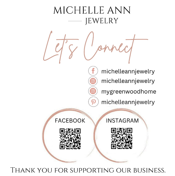 A digital business card for Michelle Ann Jewelry, featuring a clean white background with rose gold and black text. The card includes social media handles for Facebook, Instagram, Pinterest, and YouTube, along with two circular QR code graphics labeled 'FACEBOOK' and 'INSTAGRAM'.