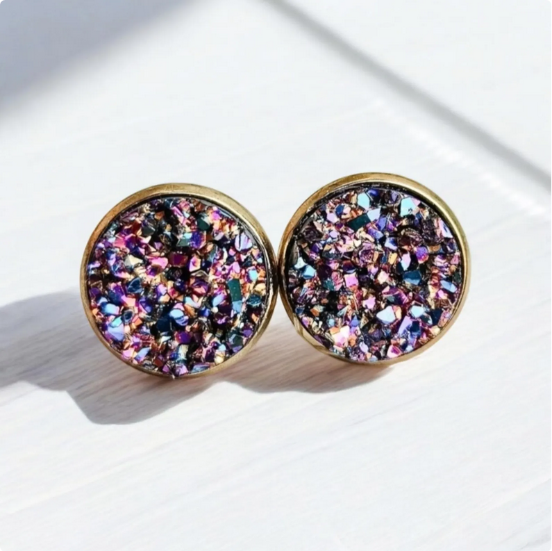 Rainbow Glitter Druzy Stud Earrings