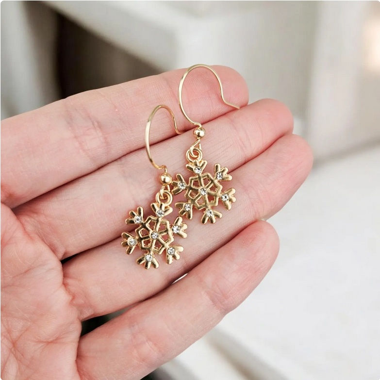 Sparkly Gold Crystal Snowflake Earrings