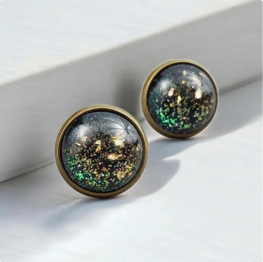 Green Glitter Bronze Stud Earrings