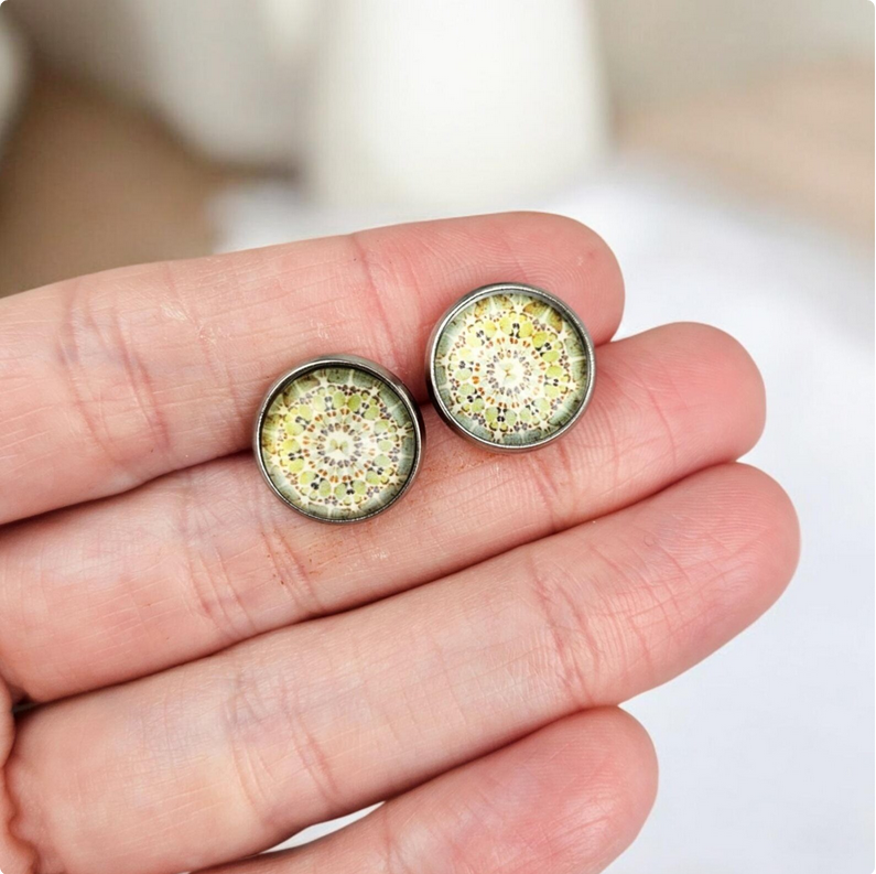 Green Mandala Mosaic Stud Earrings