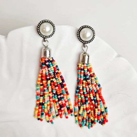 Long Colourful Beaded Tassel Earrings
