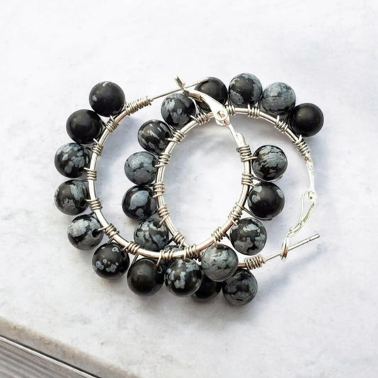 Snowflake Obsidian Hoop Earrings