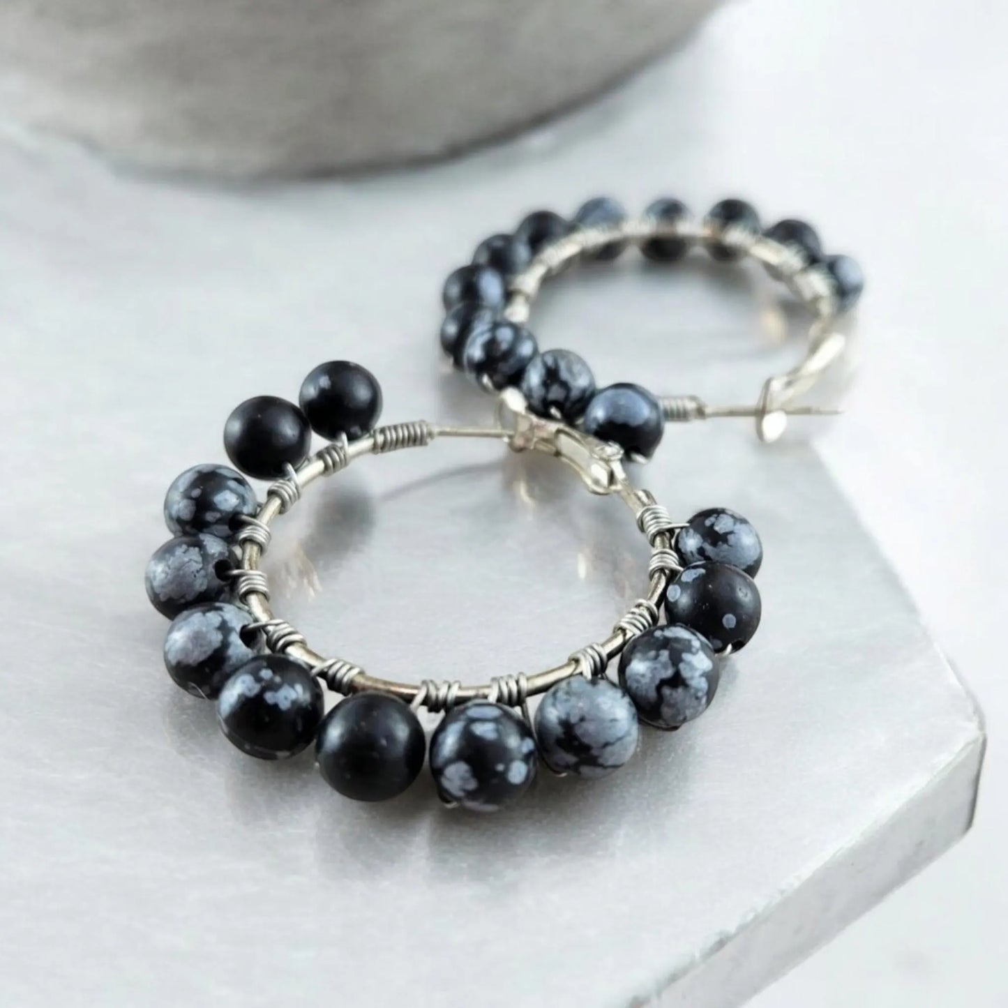 Snowflake Obsidian Hoop Earrings