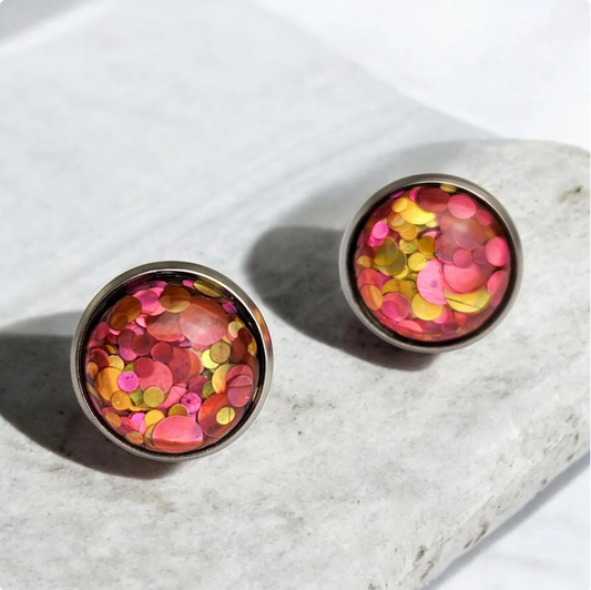 Pink Glitter Stainless Steel Stud Earrings
