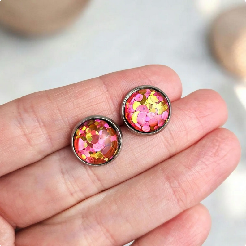 Pink Glitter Stainless Steel Stud Earrings
