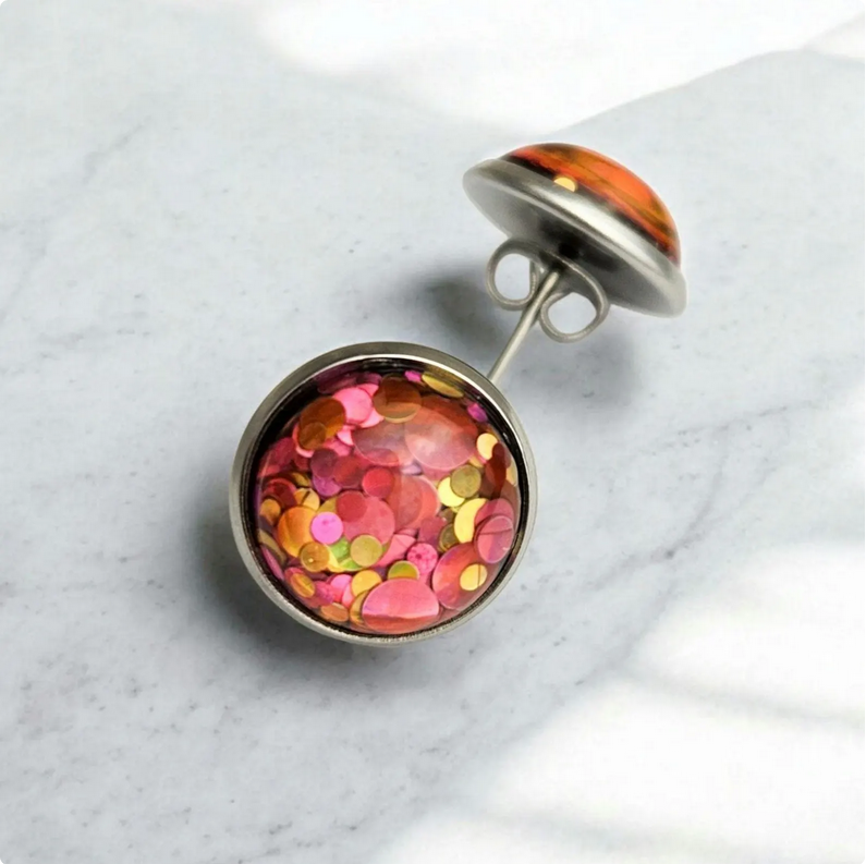Pink Glitter Stainless Steel Stud Earrings