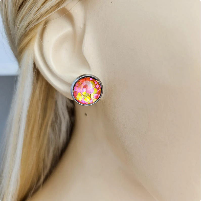Pink Glitter Stainless Steel Stud Earrings