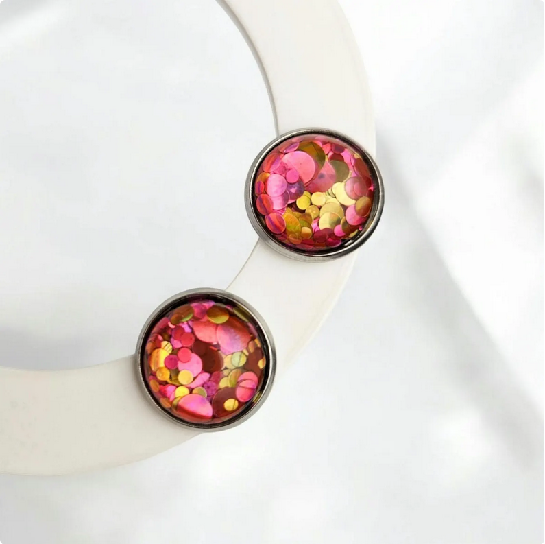 Pink Glitter Stainless Steel Stud Earrings