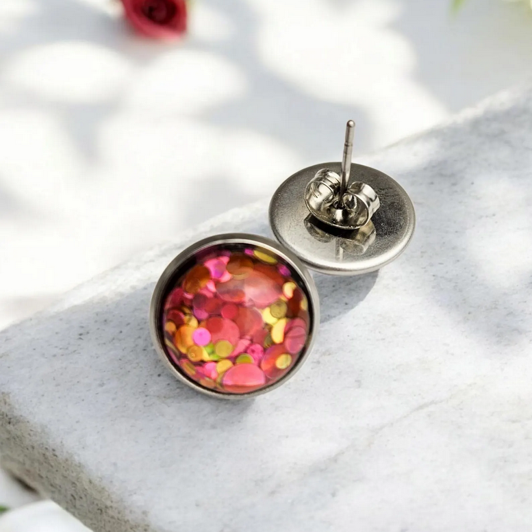 Pink Glitter Stainless Steel Stud Earrings