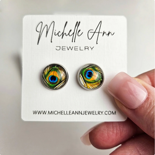 Silver Peacock Glass Stud Earrings