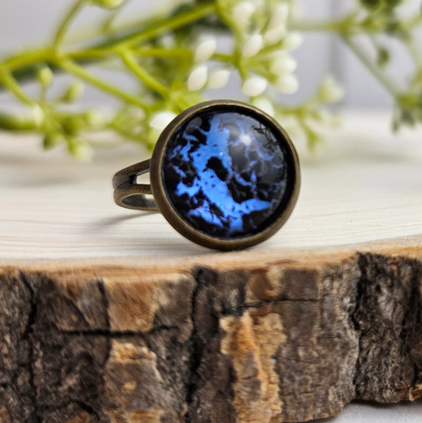 Blue Adjustable Bronze Band Ring