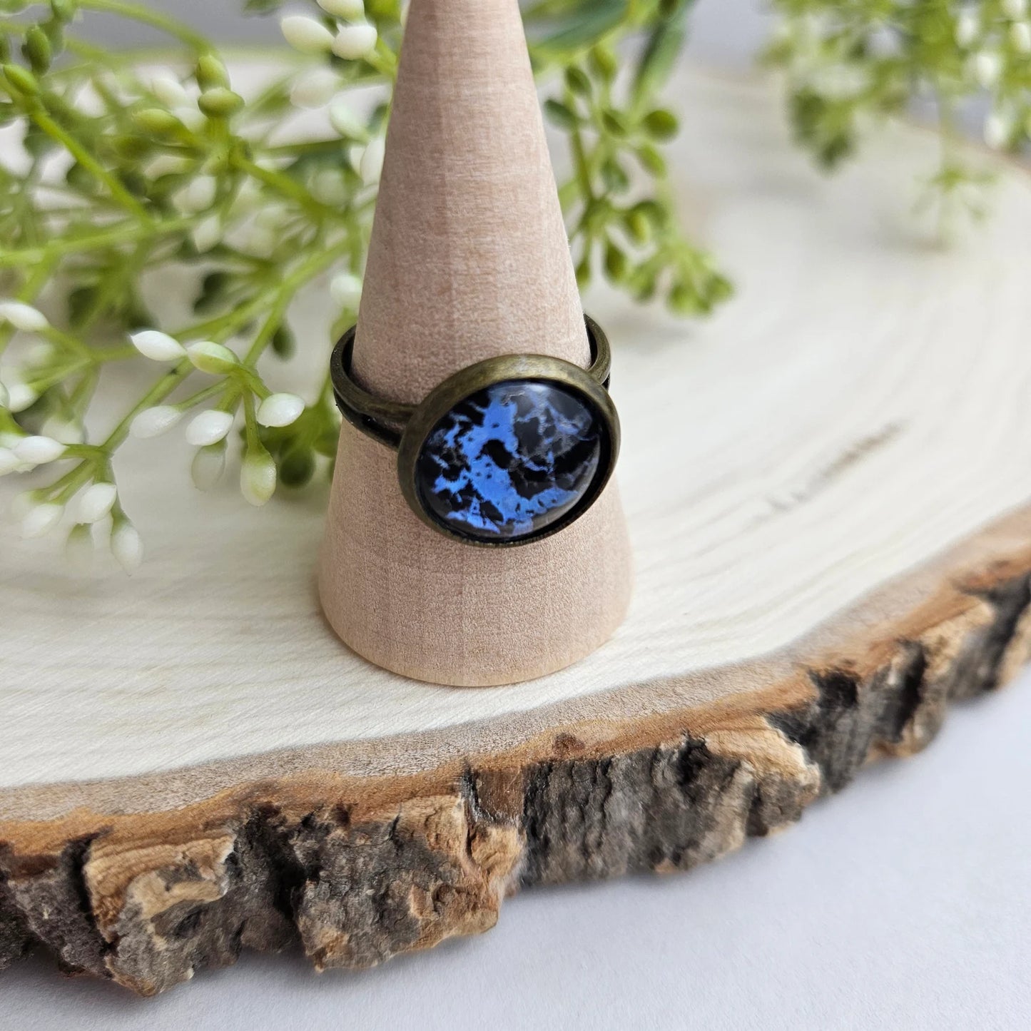 Blue Adjustable Bronze Band Ring