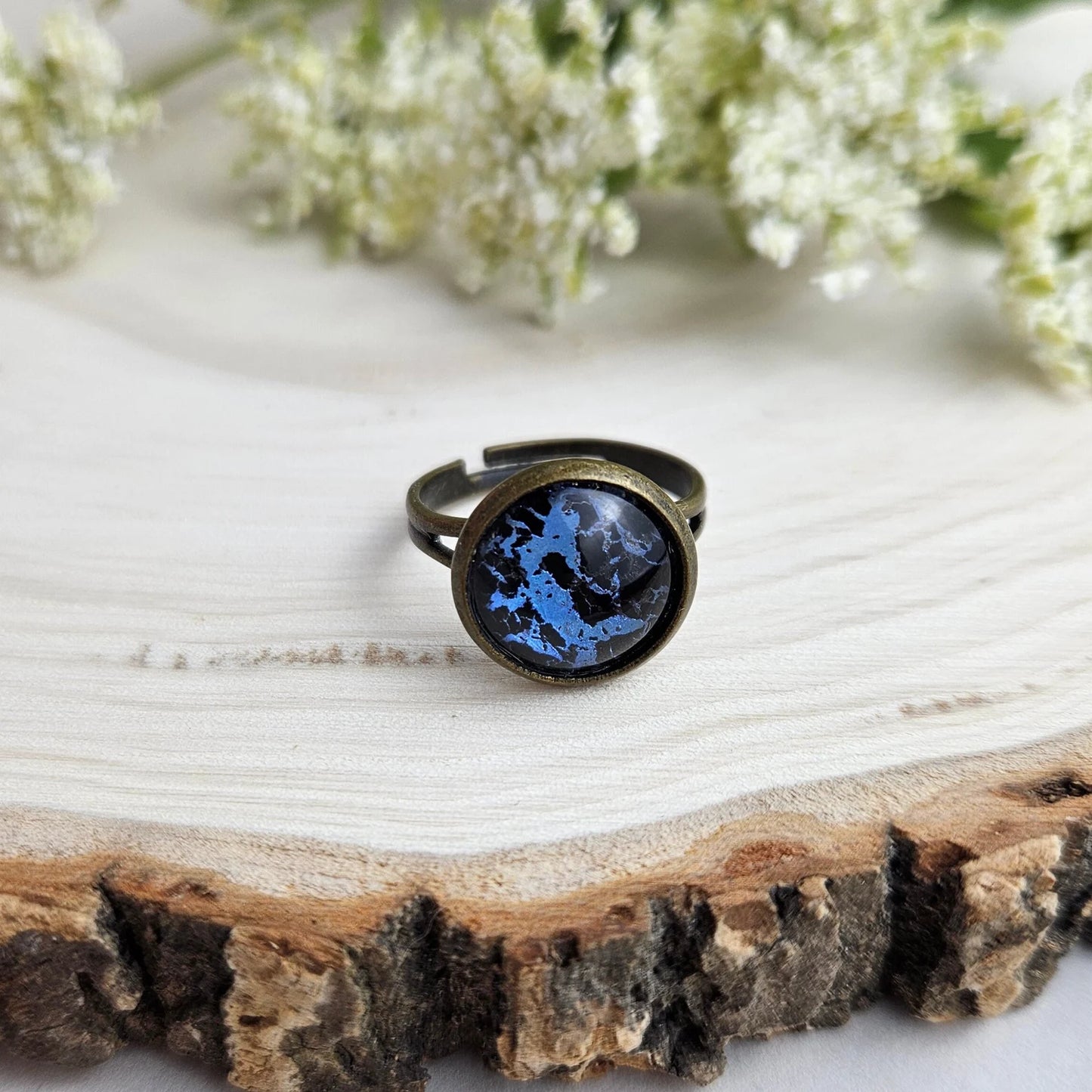 Blue Adjustable Bronze Band Ring