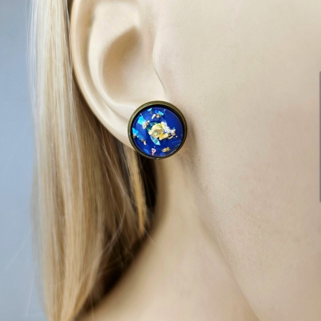 Blue Glitter Bronze Stud Earrings