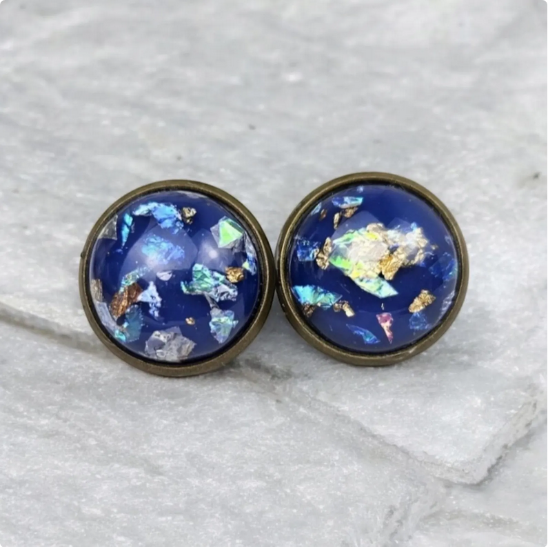 Blue Glitter Bronze Stud Earrings