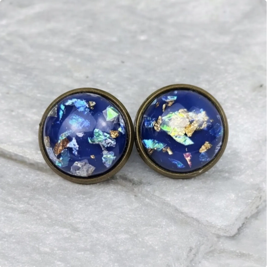 Blue Glitter Bronze Stud Earrings
