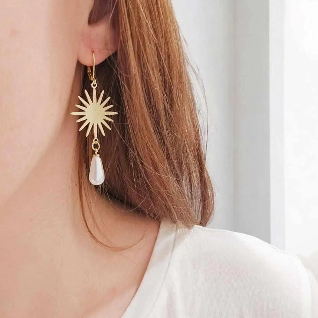Gold Sunburst Pearl Drop Earrings