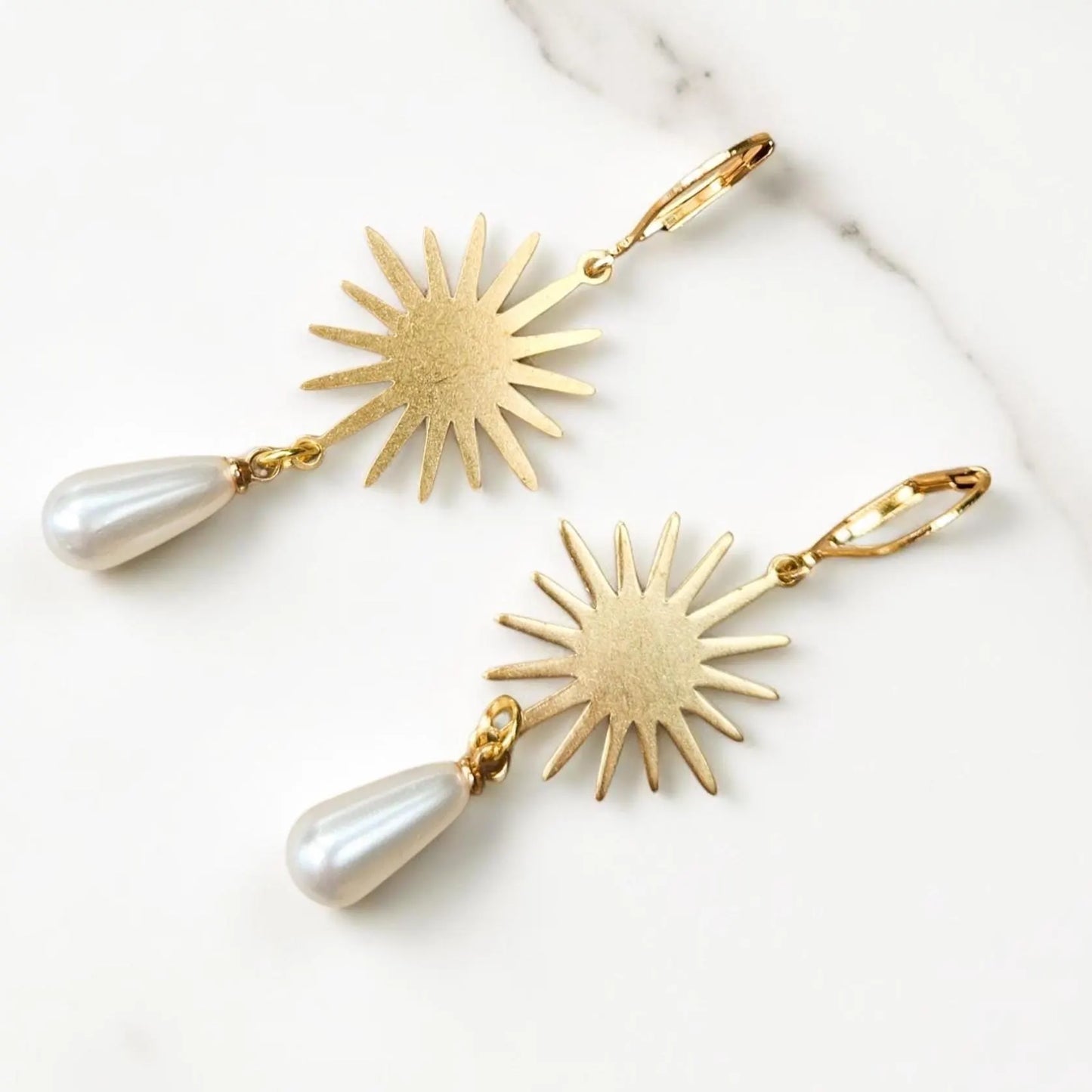 Gold Sunburst Pearl Drop Earrings
