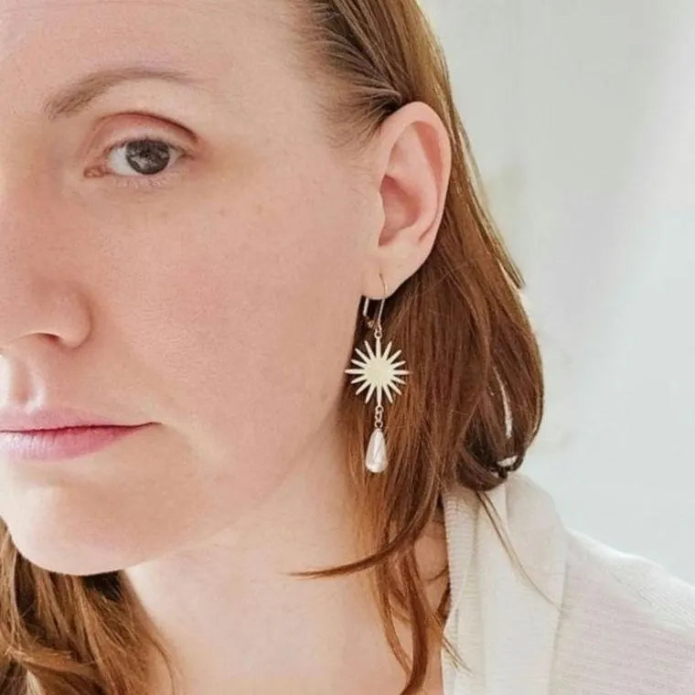 Gold Sunburst Pearl Drop Earrings
