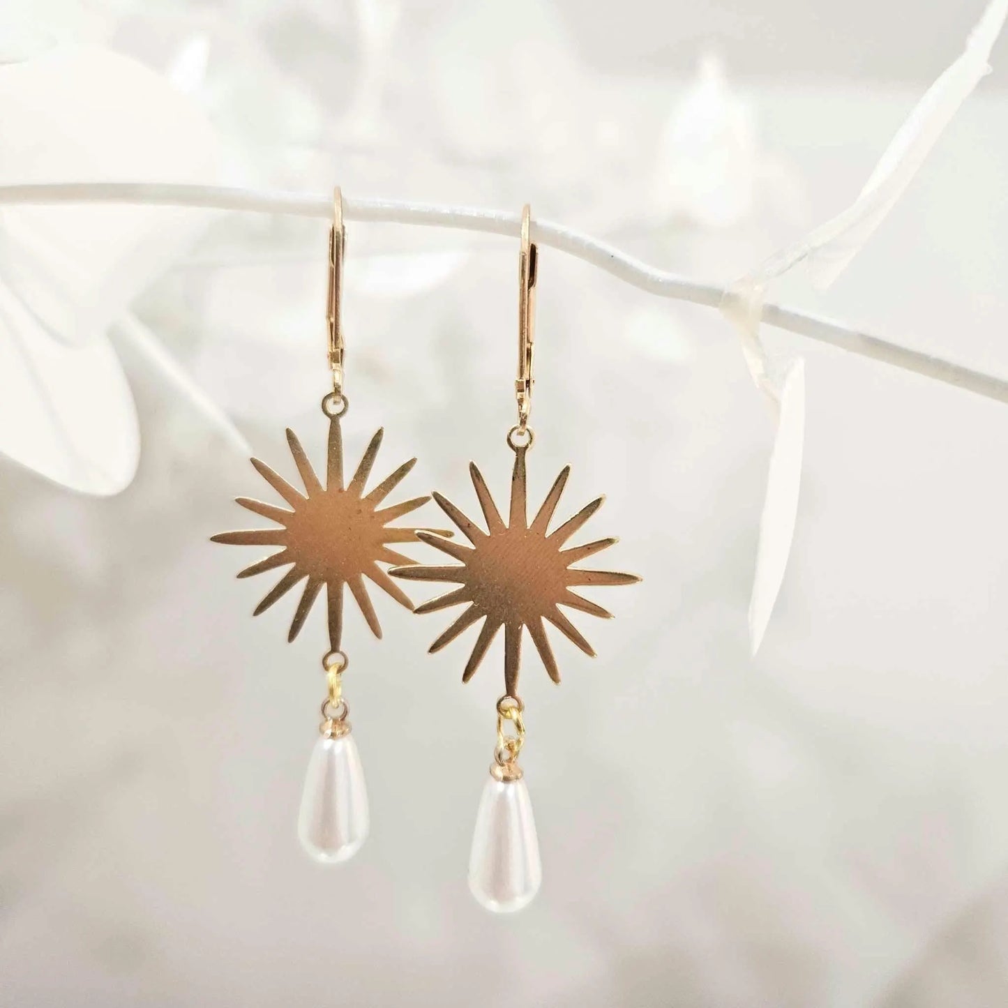 Gold Sunburst Pearl Drop Earrings