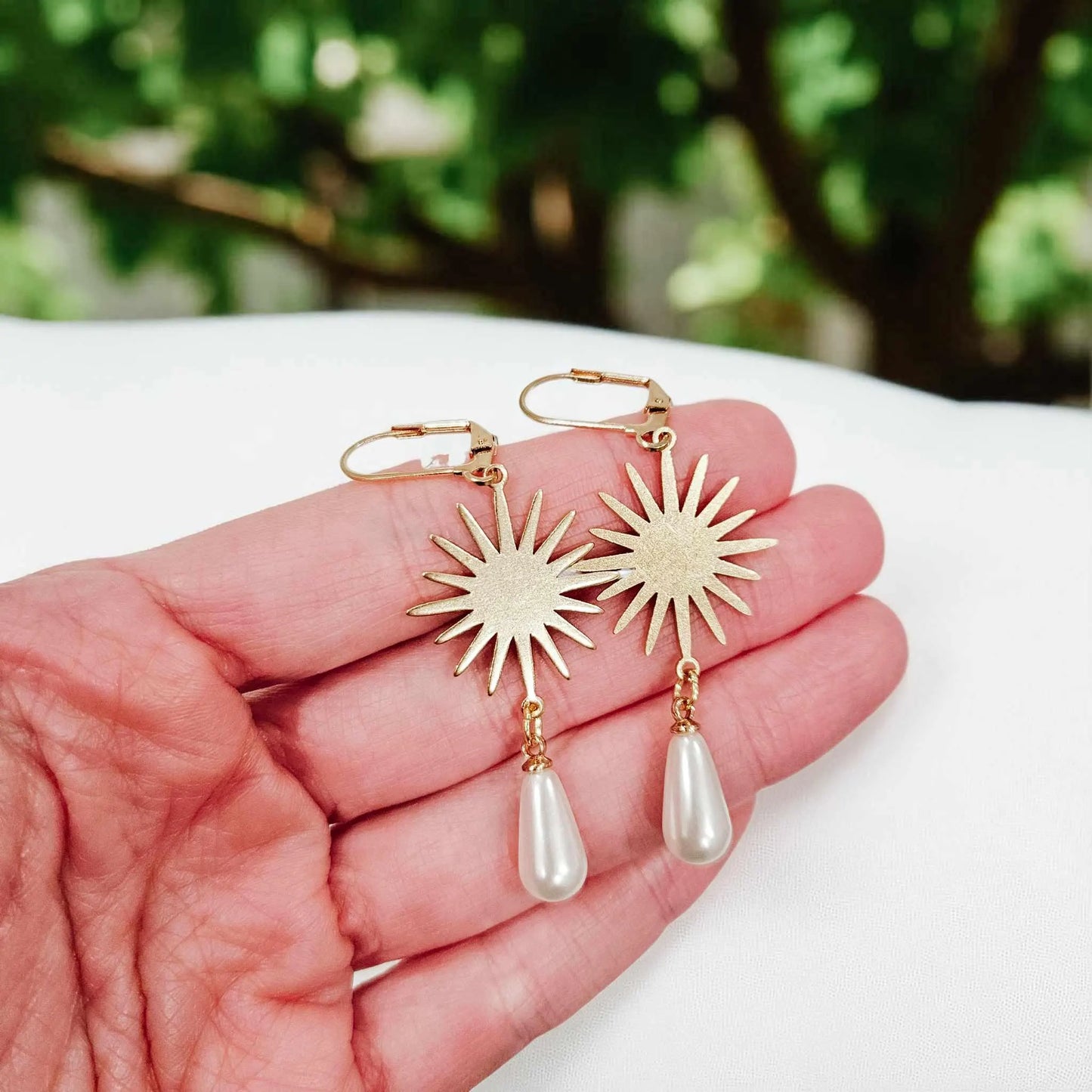 Gold Sunburst Pearl Drop Earrings