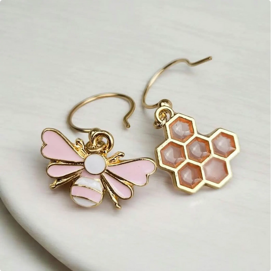 Pink & Gold Honey Bee Charm Earrings