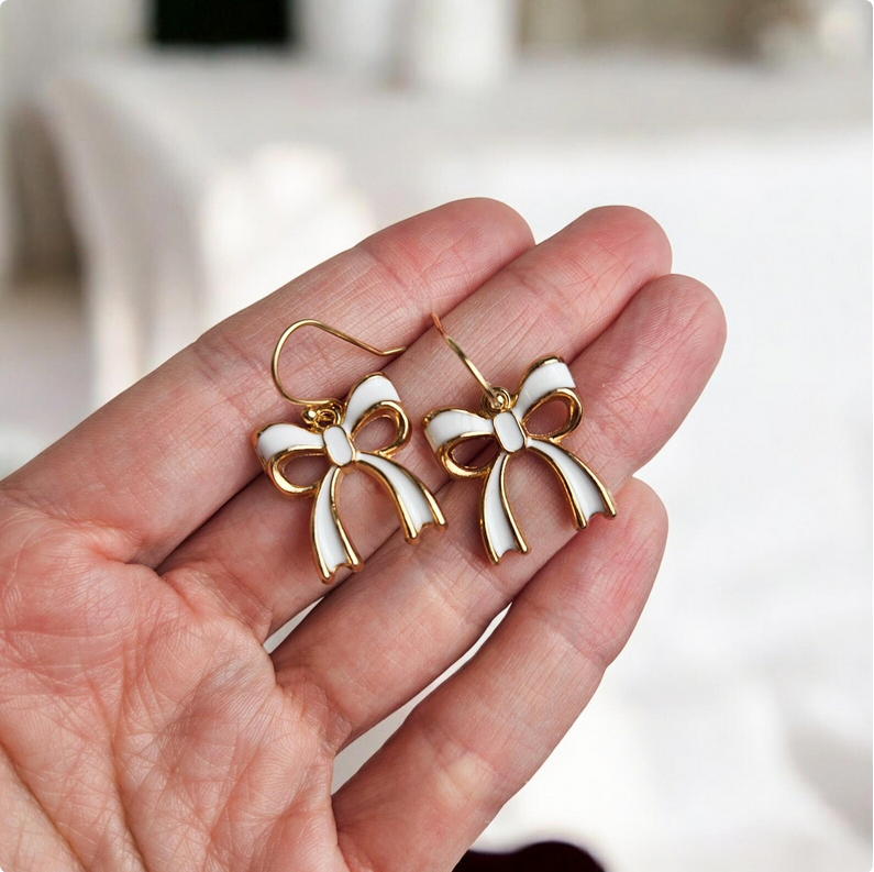 Gold & White Bow Charm Earrings
