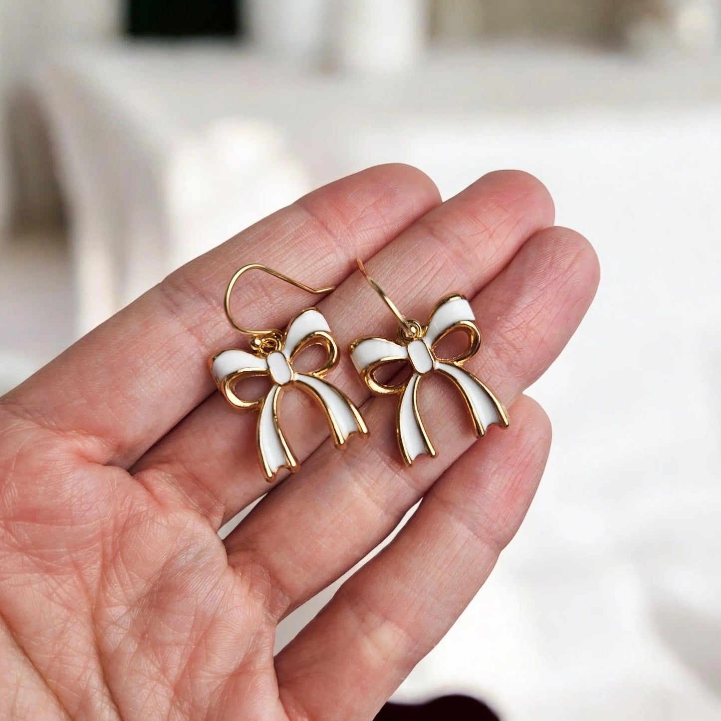 Dainty White and Gold Bow Earrings