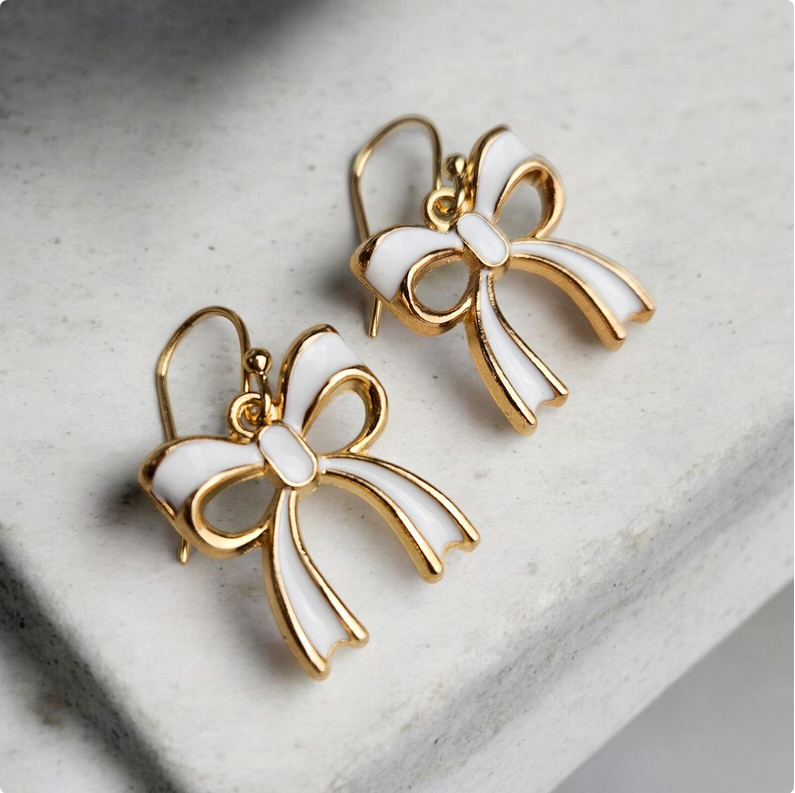 Gold & White Bow Charm Earrings
