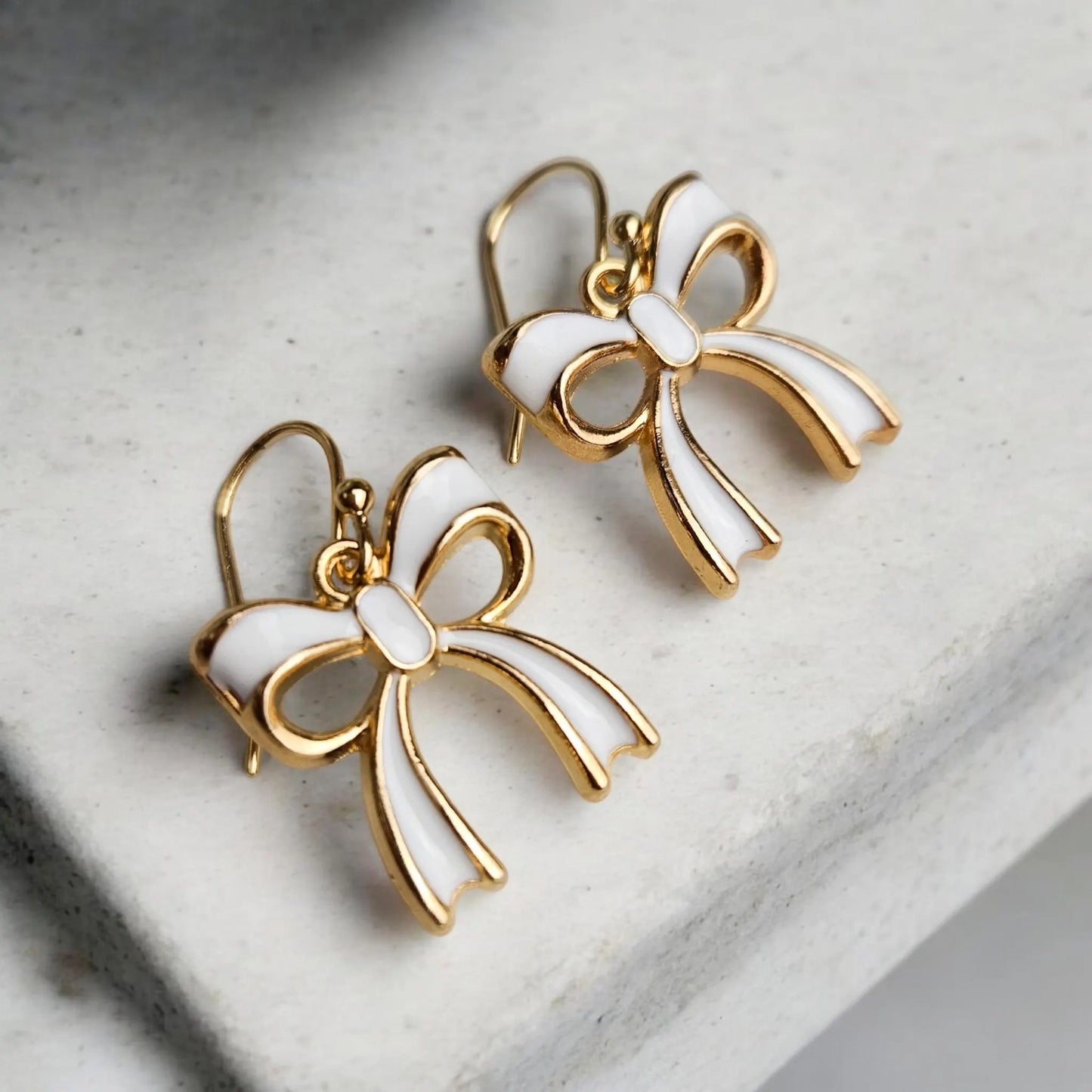 Dainty White and Gold Bow Earrings