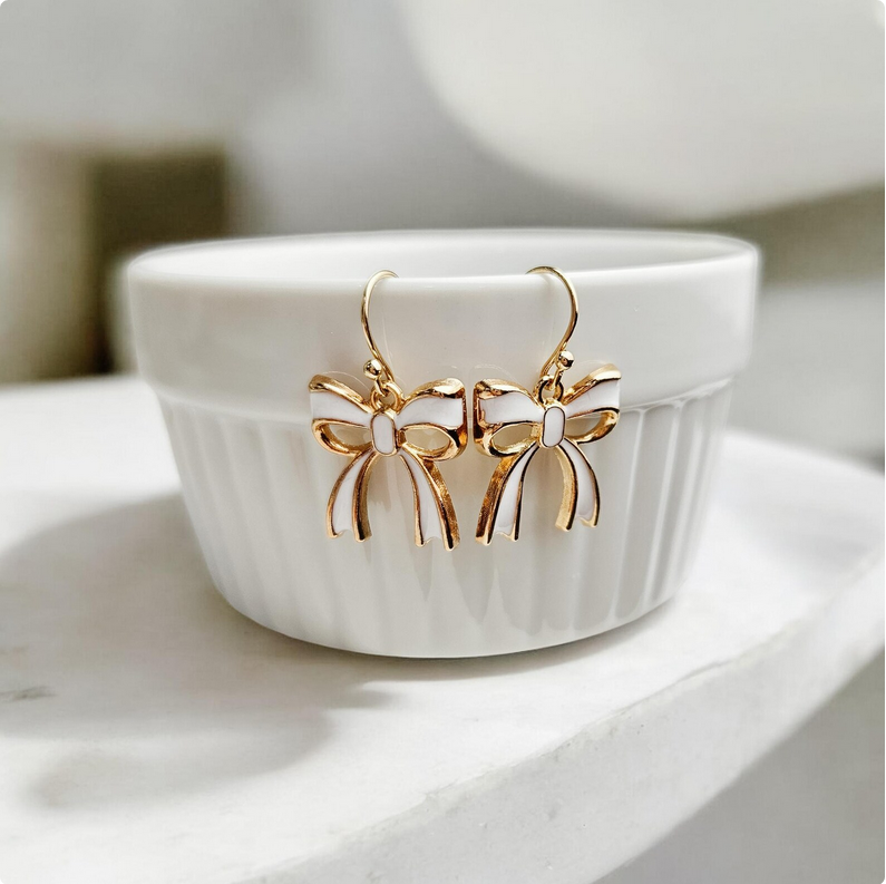 Gold & White Bow Charm Earrings
