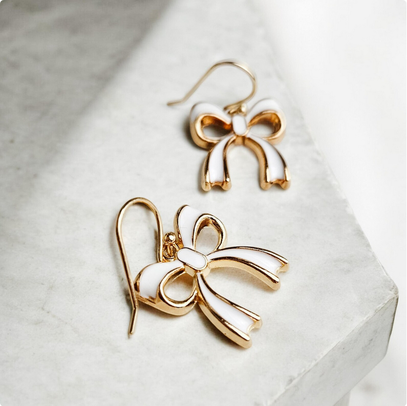 Gold & White Bow Charm Earrings