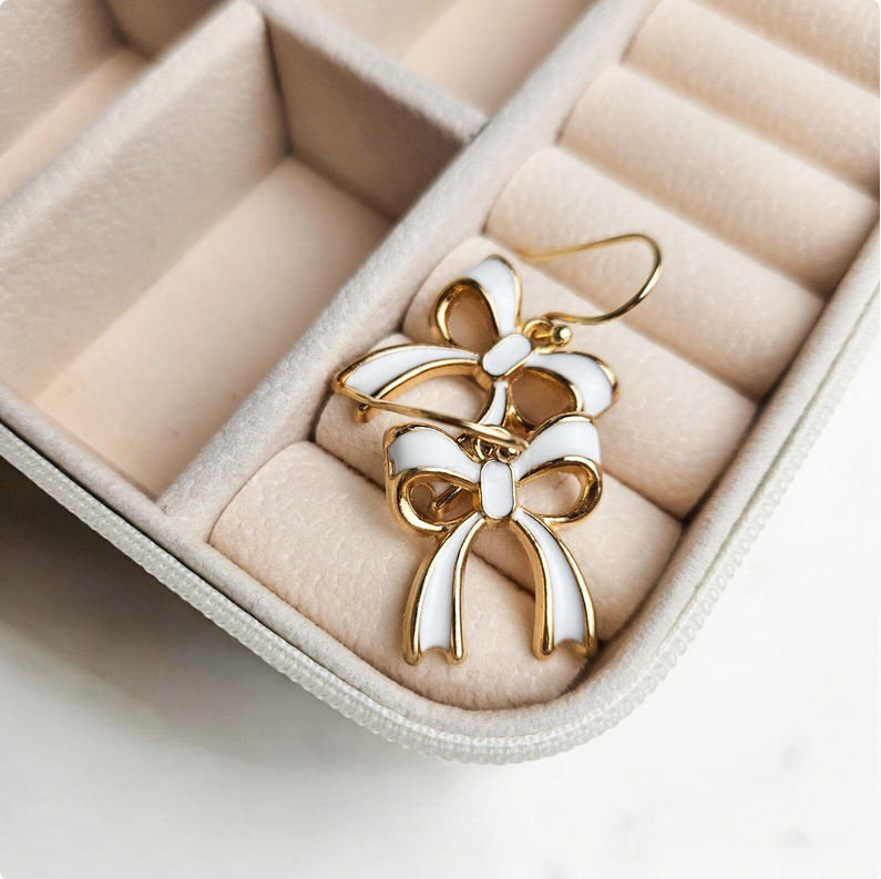 Gold & White Bow Charm Earrings