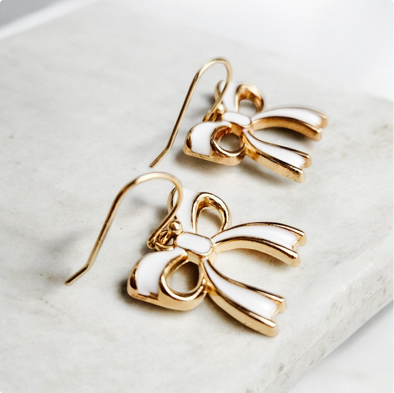 Gold & White Bow Charm Earrings