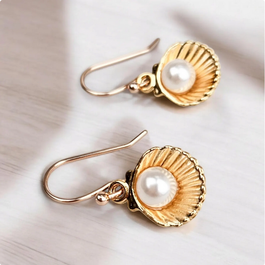 Gold Clam Seashell Pearl Dangle Earrings