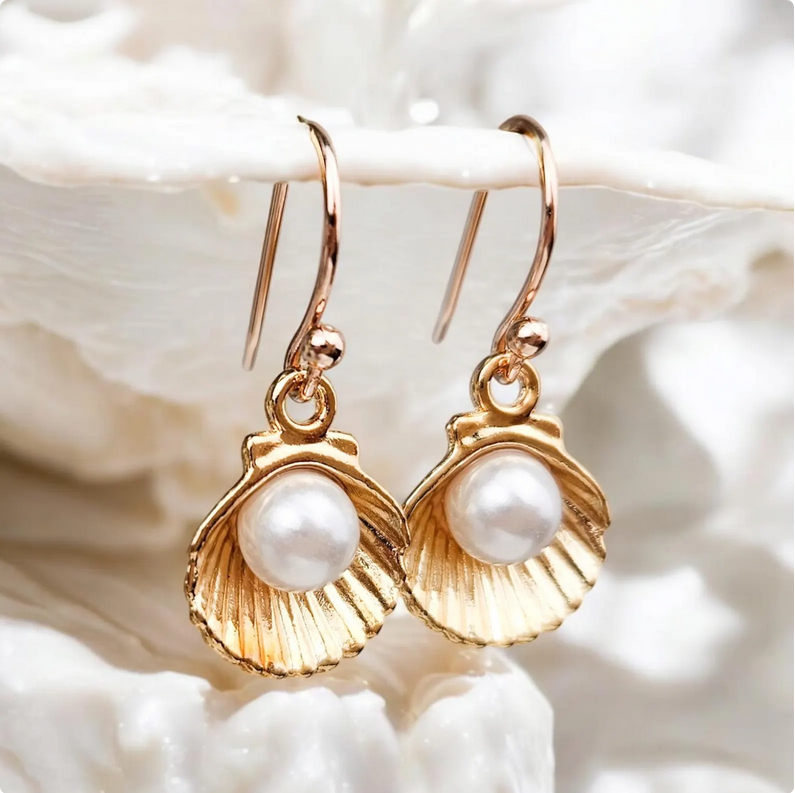Gold Clam Seashell Pearl Dangle Earrings