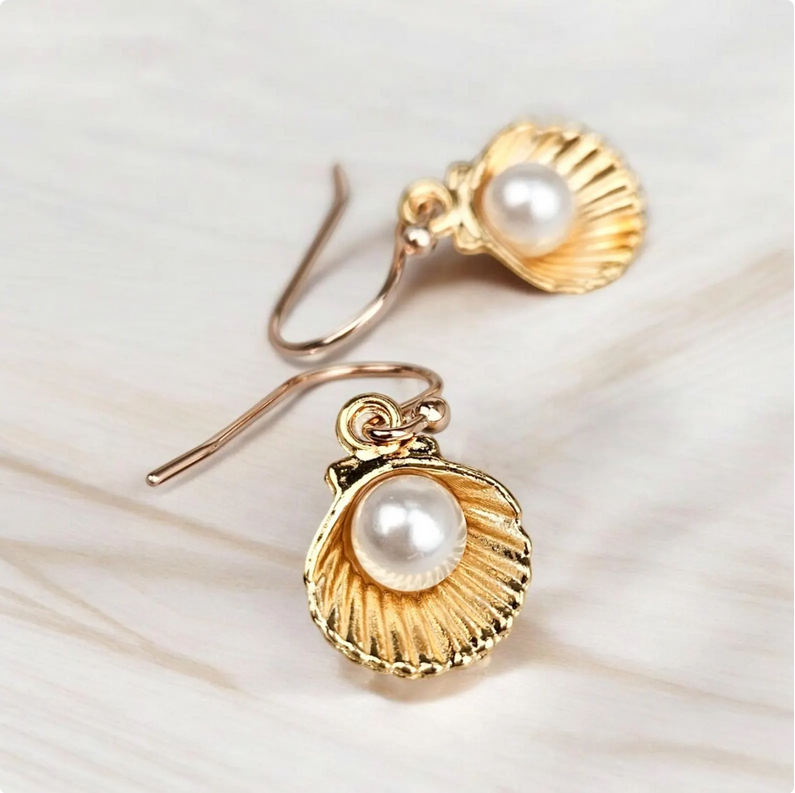 Gold Clam Seashell Pearl Dangle Earrings
