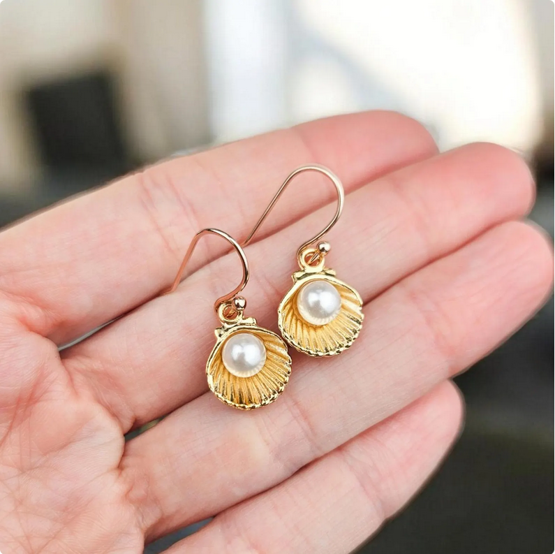 Gold Clam Seashell Pearl Dangle Earrings