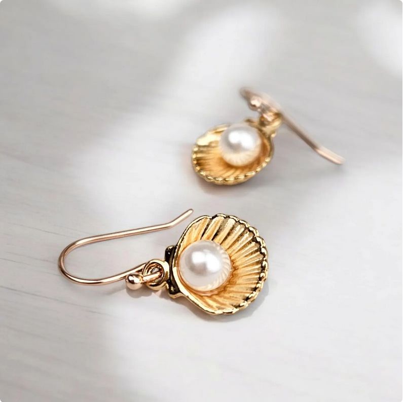 Gold Clam Seashell Pearl Dangle Earrings