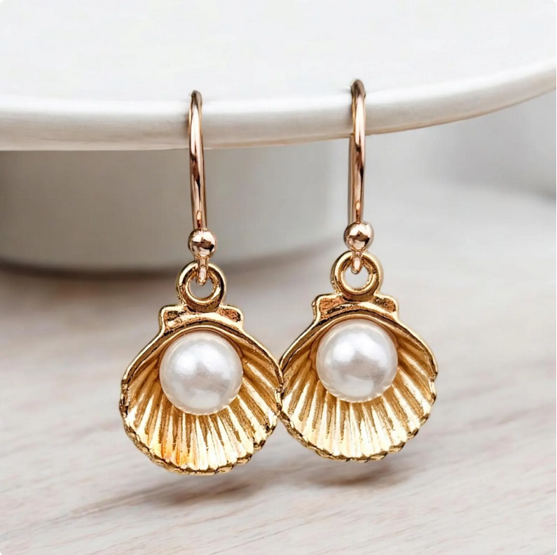 Gold Clam Seashell Pearl Dangle Earrings