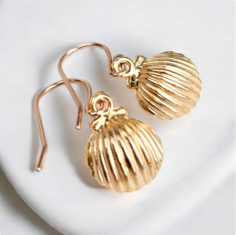 Gold Clam Seashell Pearl Dangle Earrings